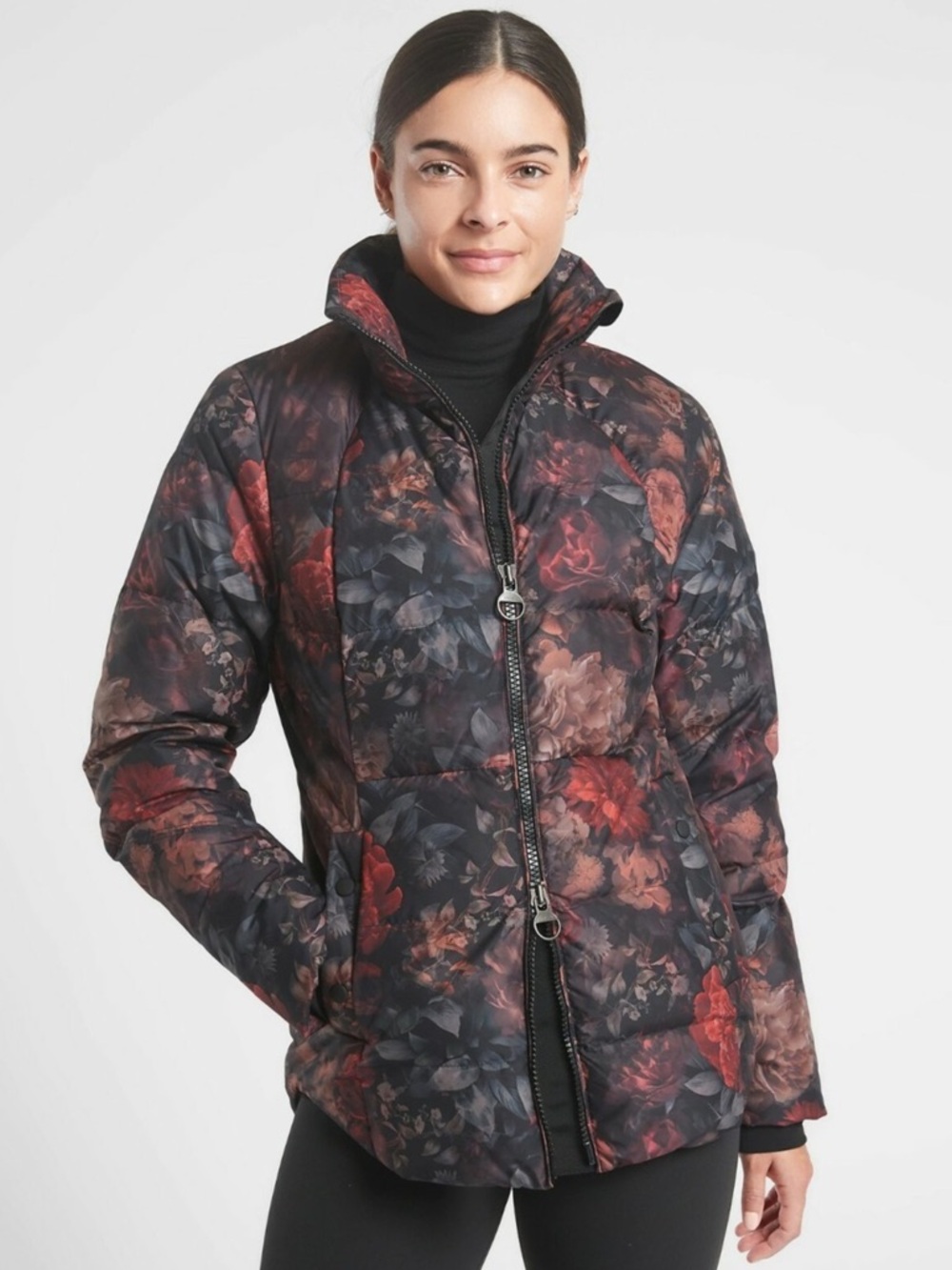 Athleta Downtown Printed Down Puffer Jacket in the Black Multicolor Floral